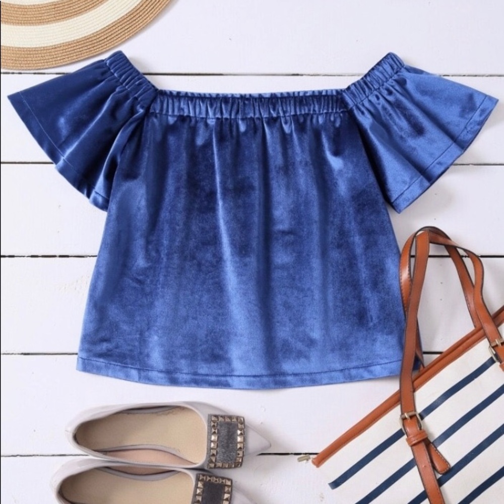Blue Velvet Off the Shoulder Top